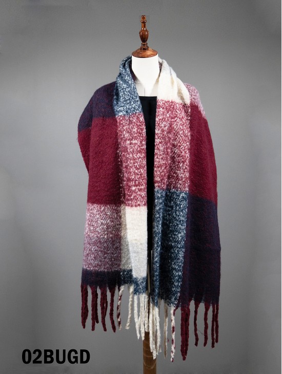 Plush Plaid Scarf W/ Long Fringe